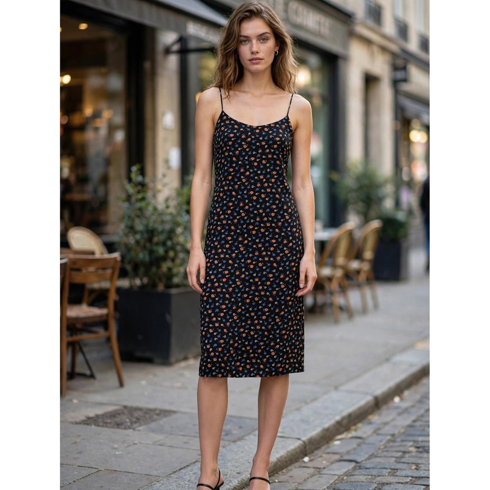 Madewell Black Floral Spaghetti Strap Midi Slip Dress Size 0